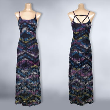 VINTAGE 90s Y2K Bold Print Stretch Mesh Maxi Dress With Strappy Back | 1990s Prom formal Layered Mesh Grunge Cocktail Party Dress | VFG 