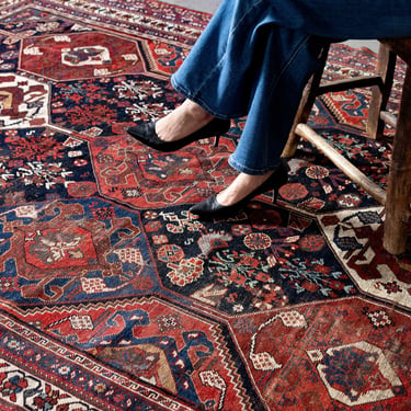 Antique 7’ x 9’4” Allover Geometric Figural Red Navy Ivory Hand Knotted Wool Low Pile Rug 1900s - FREE DOMESTIC SHIPPING 