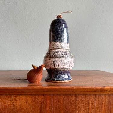 Vintage artist-made ceramic bell / handmade garden wind chime / blue and white studio pottery art bell 