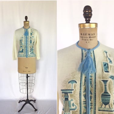 Vintage 50s Cardigan | Vintage Egyptian themed  Cardigan | 1950s Sorrentino printed novelty sweater jumper 