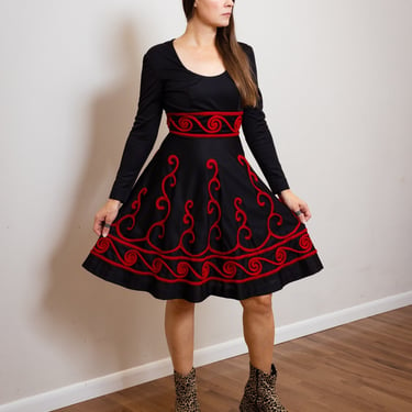 Size S/M, 1970s Black and Red Embroidered Fit & Flare Dress 