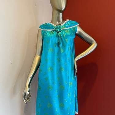 1990s Asian Print Turquoise Slip Dress 