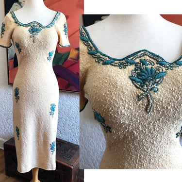 Exquisite Vintage 1950's/1960's Hand Embroidered and Beaded Knit Dress by "Diane" of Beverly Hills California ! Size Small 