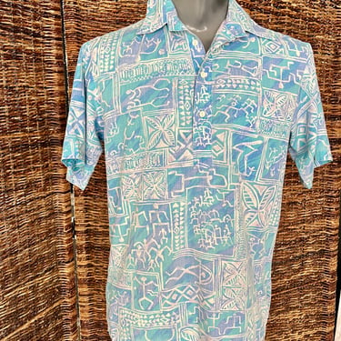 Hawaiian Tiki Shirt, Mod Tribal Print, Tunic, Made in Hawaii, Vintage 70s 