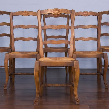 Country French Louis XV Style Provincial Ladder Back Dining Chairs W/ Rush Seats - Set of 6 