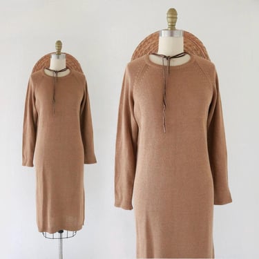 Italian knit sweater dress - m - vintage 80s 90s Anne klein womens beige brown long sleeve knit size medium minimal fall winter 