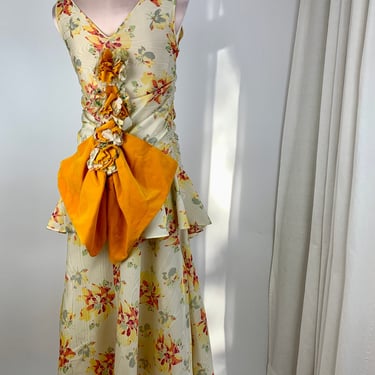 1920S-30s Moire' Taffeta Dress - Floral Moire' Fabric with Orange Bow Detail -  Flared Tulip Skirt - Small with a 26 Inch Waist 