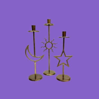 Vintage Candlestick Holders Retro 1970s Mid Century Modern + Celestial + Gold Brass Metal + Star + Moon + Sun + MCM + Fornasetti Style Motif 