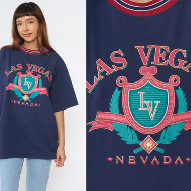 Las Vegas Shirt 90s Dark Blue Tourist Shirt Nevada Graphic Shirt 1990s Vintage T Shirt Travel Souvenir Navy Cotton Extra Large xl 