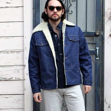 Vintage 1970s Roebucks Denim Sherpa Coat, Size 42R Men, Dark Blue Denim, Jeans Jacket, Faux Fleece Lined 