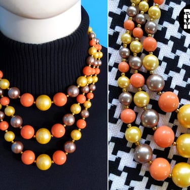 Unique Vintage 50s 60s Orange Yellow Pearly Beaded 3-Strand Statement Necklace 