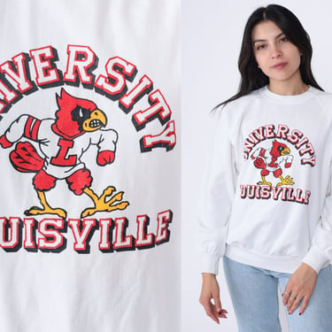 Louisville Cardinals Sweatshirt 90s University Sweater Graphic College Shirt Kentucky Crewneck White Raglan Sleeve Vintage 1990s Large L 