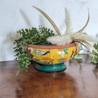 Vintage Chinese Pottery Handpainted Peacocks Bowl Planter 