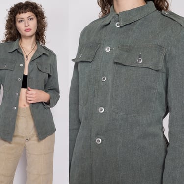 Sm-Med 1950s Swiss Denim Work Jacket Unisex | Vintage 50s Military Twill Drawstring Waist Army Prison Jacket 
