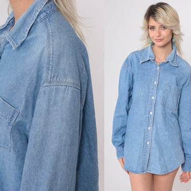 90s Denim Shirt Blue Jean Button Up Blue Grunge Long Sleeve Boyfriend Shirt Chambray Blouse Simple Chest Pocket Cotton Vintage 1990s Large 