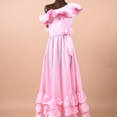 80s Pink Off-Shoulder Ruffle Prom Dress (As Is), XS