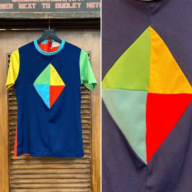 Vintage 1960’s Mod Color Block Knit Top Glam Shirt, 60’s Mod Fitted Shirt, 60’s Double Knit, Vintage Shirt, Vintage Clothing 