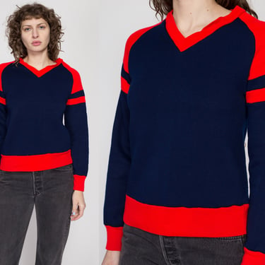 Medium 80s Navy Blue & Red Color Block Sweatshirt | Vintage Striped Long Sleeve V Neck Pullover 