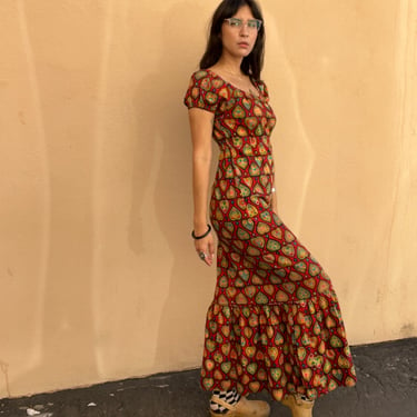 60s Red Maxi with Hearts and Flowers