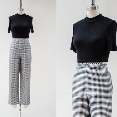 high waisted pants | 90s y2k vintage black white checkered gingham plaid silk dark academia cropped straight leg trousers 