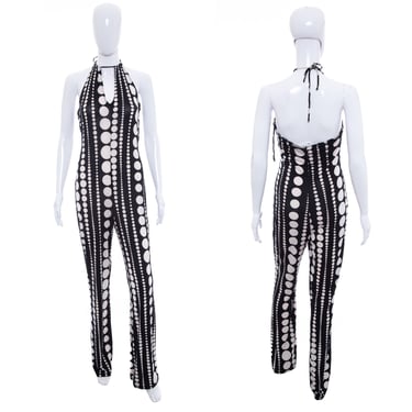 1990's PerSeption Black and White Polka Dot Halter Jumpsuit Size L/XL