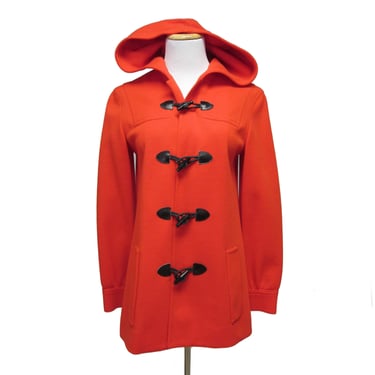 Vintage Red Hooded Jacket with Black Toggle Buttons, Lightweight Red Knit Coat, Stadium Jacket with Hood, Vintage Clothes, Fall Wardrobe 
