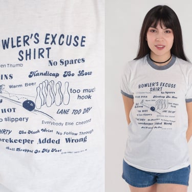 Funny Bowling Shirt 80s Ringer Tee Bowlers Excuse Graphic T-Shirt Sports Joke TShirt Single Stitch Vintage 1980s Screen Stars Small Medium 