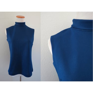 Vintage 60s Sleeveless Blouse Mock Neck Top Mod Navy Blue Shirt - Size Medium 