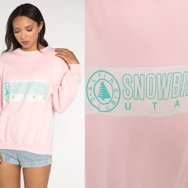 90s Utah Sweatshirt Snowbird Ski Sweatshirt 80s Baby Pink Crewneck Jumper Pastel 1990s Vintage Graphic Print Sportswear Medium 