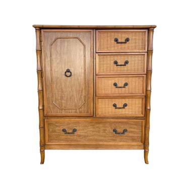 Rare Broyhill Faux Bamboo Armoire Dresser - Hollywood Regency Brown Wooden Furniture with 5 Drawers and Shelves 