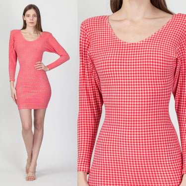 90s Red Gingham Bodycon Mini Dress - XS to Small | Vintage Carabella Dolman Sleeve Shoulder Pad Retro Fitted Dress 