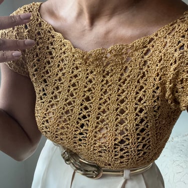 vintage open knit 40s 50s 60s gold shimmering crocheted top 