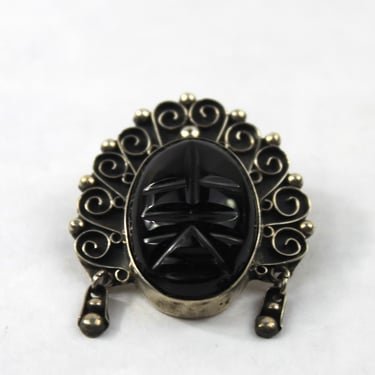 Black Onyx and Sterling Silver Tribal Face Mask Pin Brooch Mexico Artist Signed 
