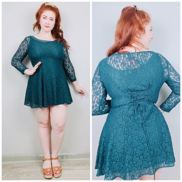 1990s Vintage My Michelle Forest Green Lace Dress / 90s / Nineties Long Sleeve Corset Lace UP Mini Dress / Size Medium - Large 