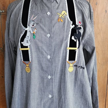 90s Warner Bros Shirt Button Down Checked Print Bugs Bunny Donald Duck 