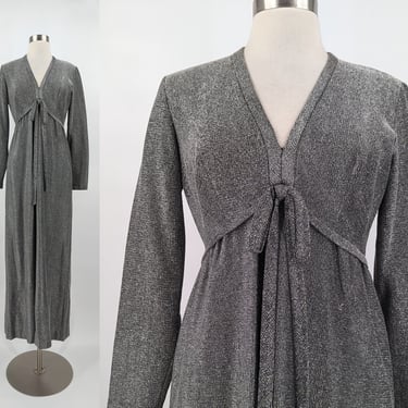 Vintage 70s Silver Lurex Long Sleeve Maxi Dress - Small Seventies Metallic Empire Waist Dress 