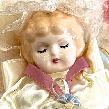 VINTAGE: Porcelain Angel Doll Ornament - Fabric Angel Bust - Christmas Angel - SKU 