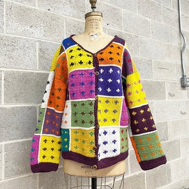 Vintage Cardigan Retro 1990s Artesanias + Toa + Ecuadorian + Hand made + Wool + Patchwork Squares + Chunky Knit + Womens Apparel 