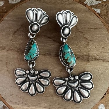 PATRICK YAZZIE Navajo Kingman Turquoise Earrings | Flower Design Navajo Style Jewelry | Native American Southwestern, 18g 