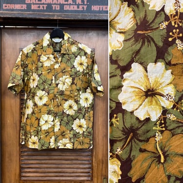 Vintage 1950’s “Pilgrim” Cotton Loop Collar Tiki Floral Hawaiian Shirt, 50’s Vintage Clothing 