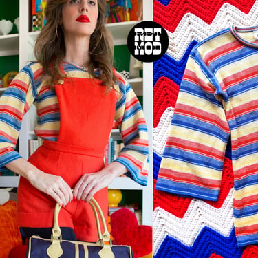 Fun Vintage 70s Blue, Light Yellow, Red-Orange Stripe Acrylic Sweater 