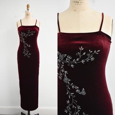 1990s Burgundy Stretch Velvet Maxi Dress 