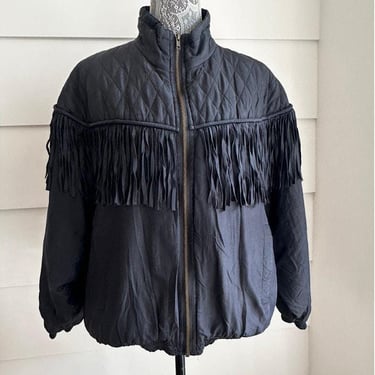 Vintage Black Silk Quilted Bomber Jacket with Fringe size M Boho Western Festival 