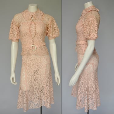 1930s peach lace dress set with belt XS 