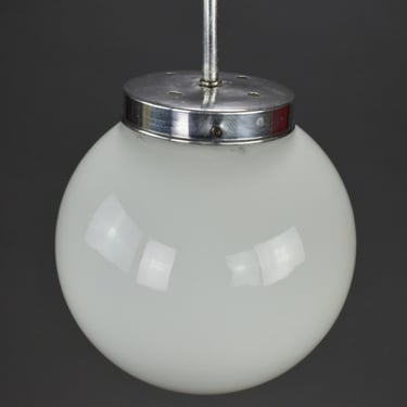 Industrial Bauhaus Spheric Pendant Light, Yugoslavia from 1950's, Opaline Glass Hanging Lamp, Hanging Globe Vintage Lamp, Mid Century Lamp 