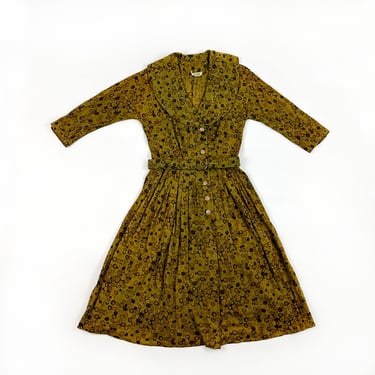 1950s Green Abstract Dot Print Day Dress / Chartreuse / Fit and Flare / Olive / Tea Length / Pin Up / Brown / Shirt Dress /  Nylon Jersey / 