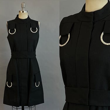 1960s Cocktail Dress / 1960s Mod Dress / Black Cotton Dress With Large Hanging Rhinestone Rings / Size Small 
