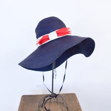 1960s Navy Woven Hat | 60s Navy Floppy Hat | Navy Raffia Hat | Styled by Coralie 