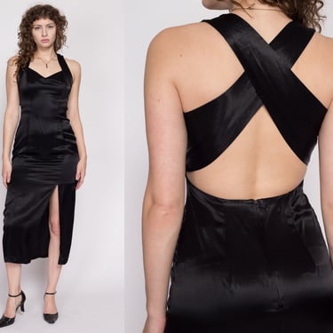 Small 80s Black Satin Cross Back Midi Party Dress | Vintage Slinky Open Back Strappy Formal Gown 