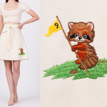 70s Novelty Raccoon Golf Wrap Skirt - XS to Small | Vintage Shirley Gadol Retro Embroidered Preppy A Line Mini Skirt 